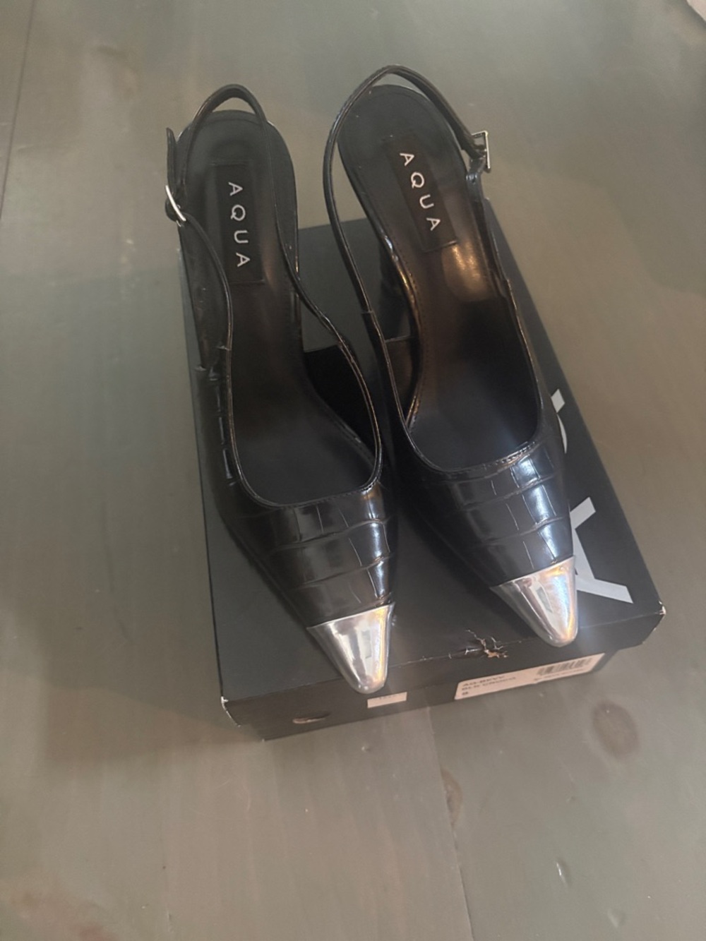 Aqua Black and Silver Croc-Embossed Slingback Heels